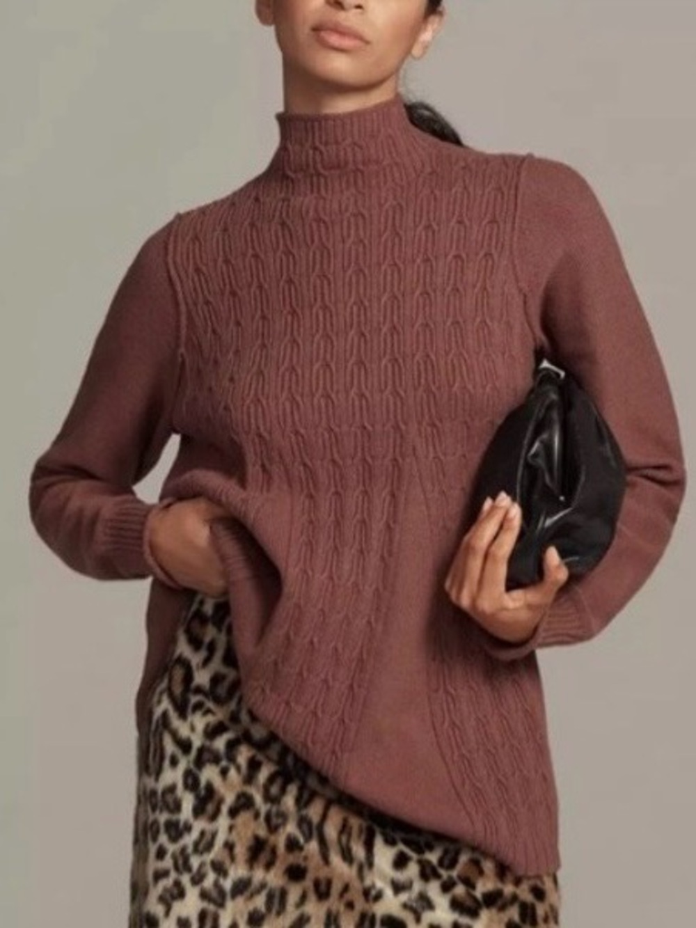 Anthropologie Pilcro Mock-Neck Sweater NWT Cocoa Cable-Knit Tunic Swing Style M